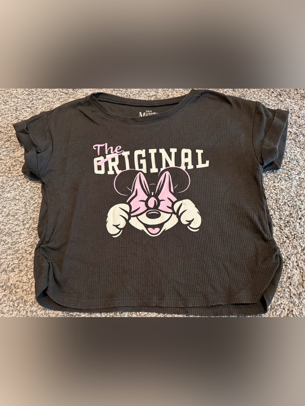 Disney Minnie Mouse Girls Dark Grey Ribbed Graphic Tee Size 6/6X